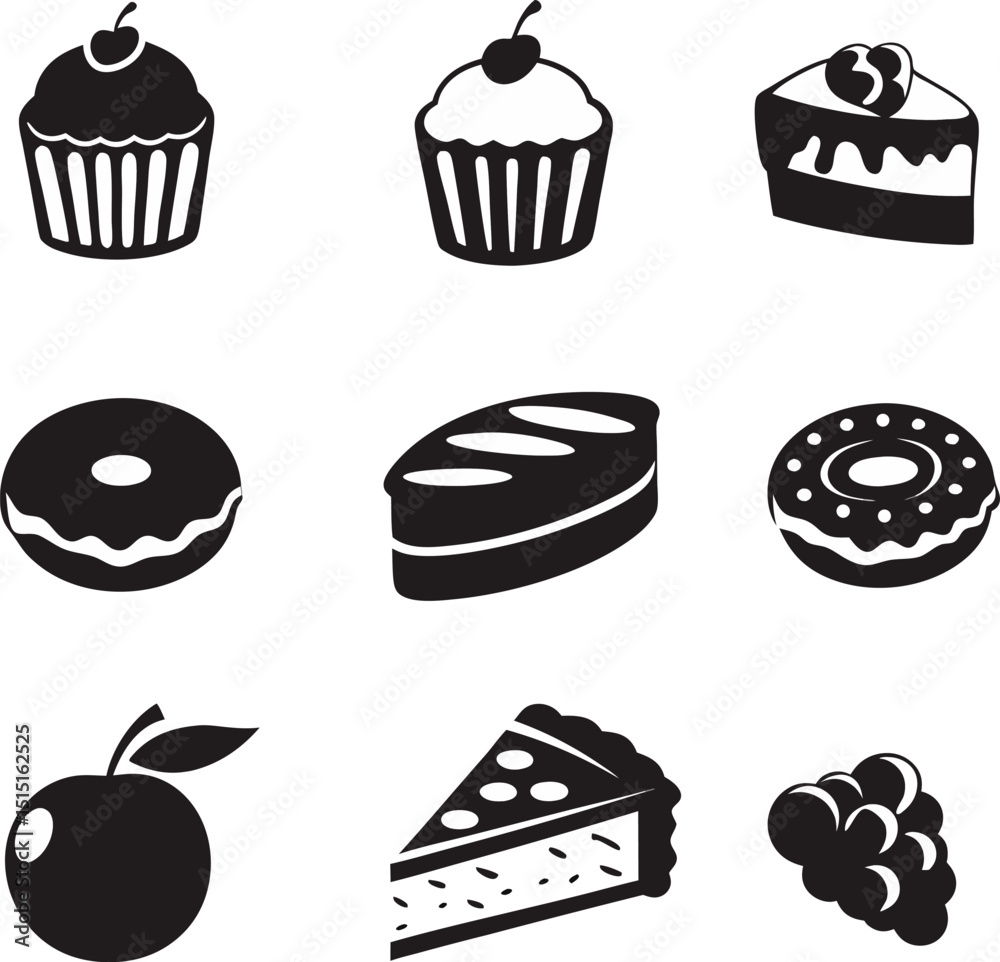 Vector illustrations of assorted desserts and fruits in black and white icons perfect for food related design elements Vector illustrations of assorted desserts and fruits in black and white icons perfect for food related design elements
