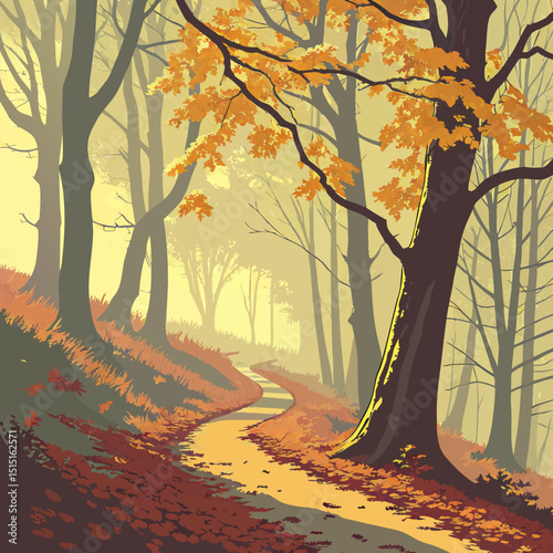 Autumn Forest With Golden Leaves Morning View