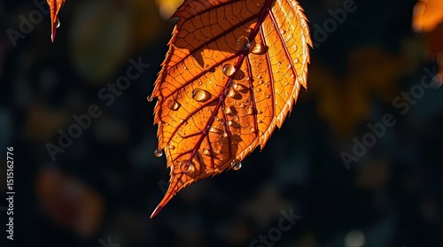 Bright orange leaf with clear water droplets reflecting light showcasing the beauty of nature during autumn in a serene outdoor environment