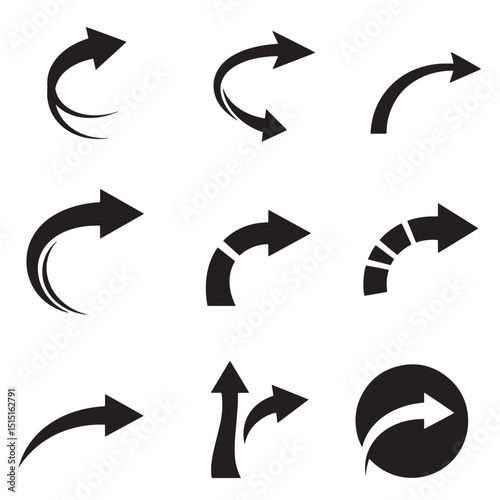 Collection of black silhouette arrow vector illustrations demonstrating various directions movements and different design styles
