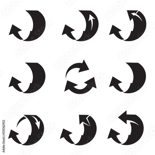 A collection of elegant and modern black silhouette arrow vector graphics representing concepts of redirection and movement.
