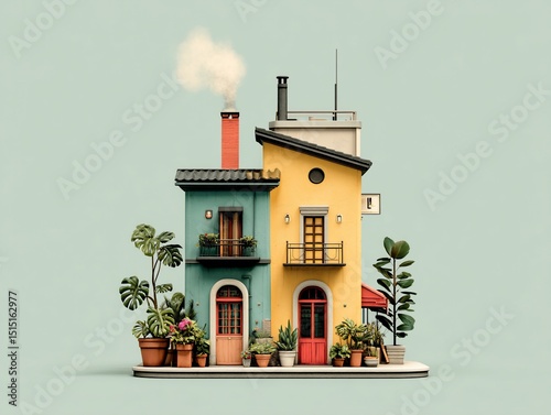 Colorful Europeanstyle home amid potted plants