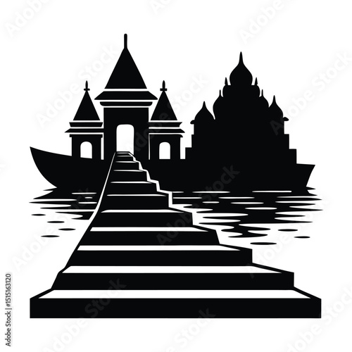 Varanasi Ghats Vector Silhouette with Temples and Boats