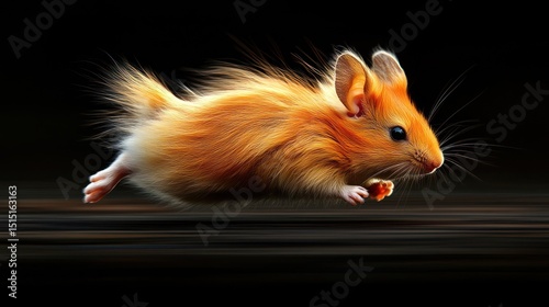Fiery, ginger mouse in mid-flight, against a dark background
