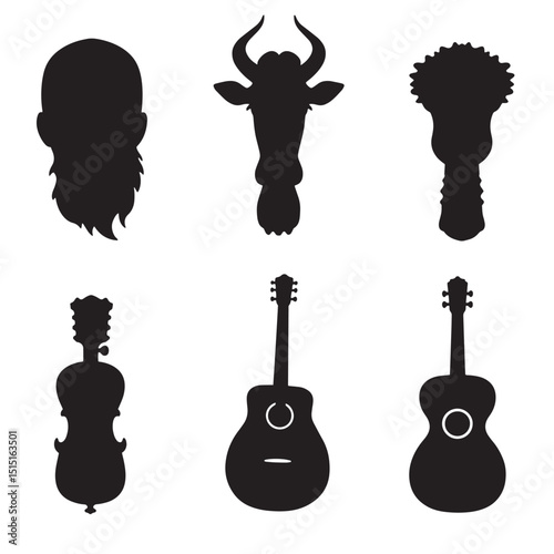 Collection of isolated black silhouette illustrations featuring human head cow head plant and musical instruments