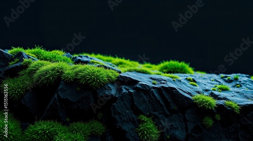 Vibrant green moss thrives on a rugged dark rock formation creating a striking contrast against the serene background in early morning light