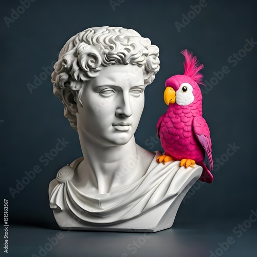  A classical white Roman bust adorned with a playful pink toy parrot perched on its shoulder, adding a whimsical touch to the timeless statue