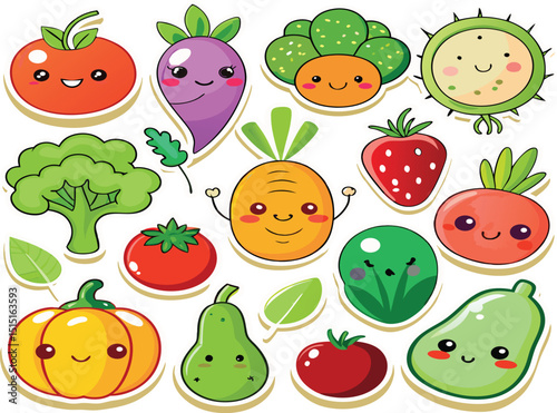 Cute cartoon vegetables and fruits stickers