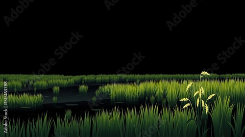 Lush green rice plants stand tall in a tranquil field at dusk surrounded by still water reflecting the twilight sky and illuminated by faint light