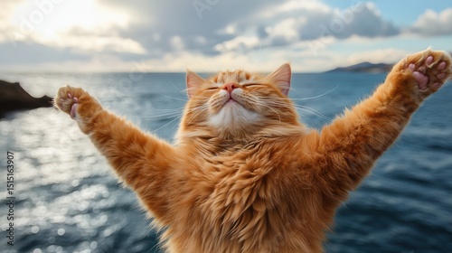 Ginger cat, arms outstretched, on a rocky seaside