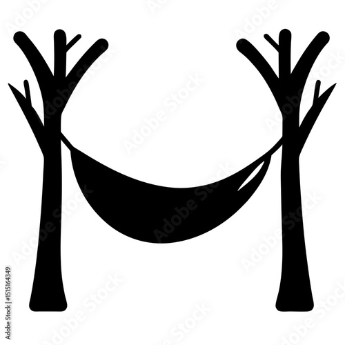 Stylized black and white vector image of a hammock between bare trees
