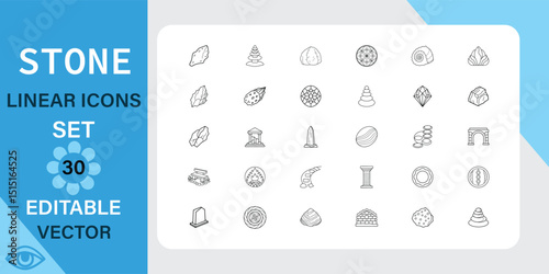 Stone linear icons set. Crystal, diamond, marble, granite and more. Outline vector icon in linear style. Editable stroke. Vector illustration.