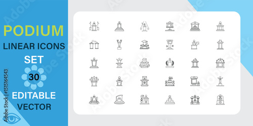 Podium linear icons set. Stage, platform, presentation and more. Outline vector icon in linear style. Editable stroke. Vector illustration.