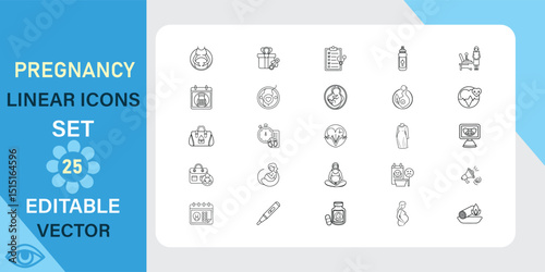 A set of 25 editable vector linear icons depicting various stages and aspects of pregnancy, including healthcare, nutrition, and fetal development.