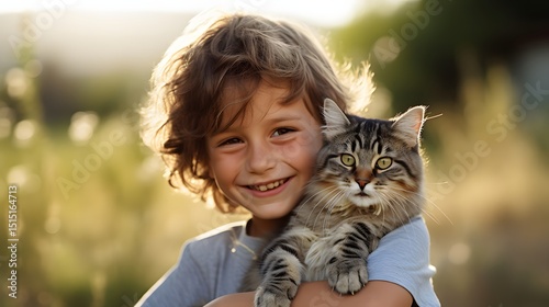 Happy Boy Smiling and Holding a Fluffy Tabby Cat Outdoors