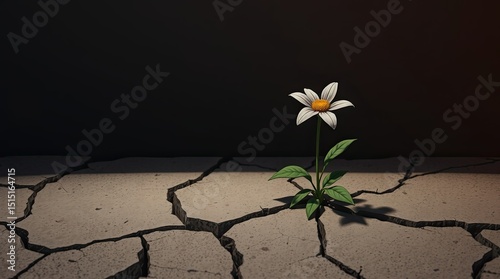 A single flower emerges from dry cracked soil in a low light setting symbolizing hope and resilience in difficult conditions