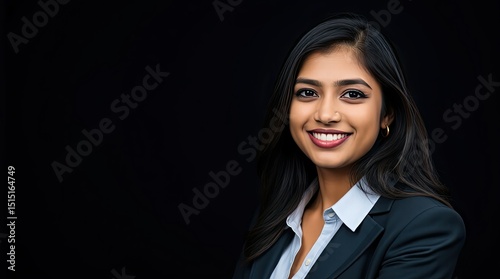 A confident woman with long hair poses and smiles warmly while wearing a formal suit. The dark background enhances her professional appearance in a studio setting