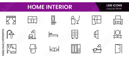 Vector illustration web line icon collection showcasing home interior elements such as furniture, lighting, décor, layout, cozy spaces, modern design, and comfortable living.
