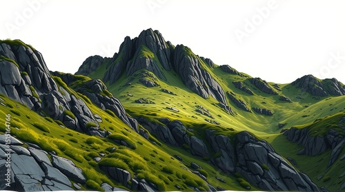 Rolling green hills adorned with rugged rocks rise majestically under a clear midday sky creating a tranquil yet awe inspiring natural vista