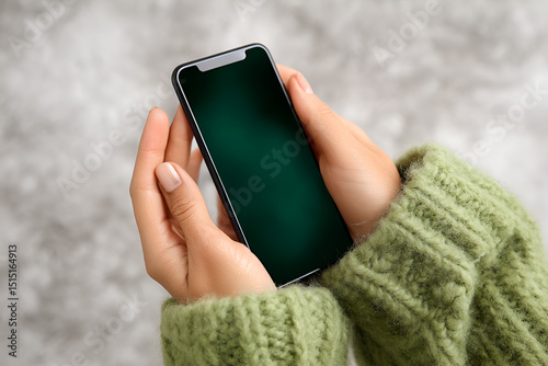 Close-up of hands holding smartphone with blank screen, wearing cozy green knitted sweater, showcasing modern technology and personal connection in a warm atmosphere