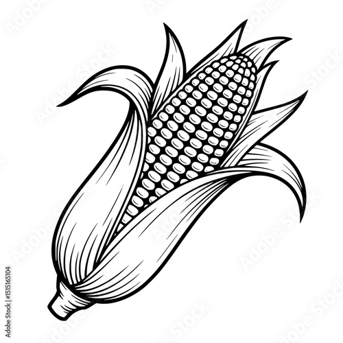Corn illustration with husk partially peeled back showing kernels