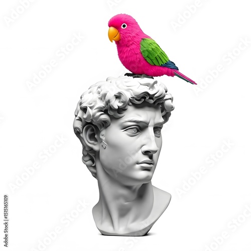 A close-up of a white Roman bust with a pink toy parrot resting on its head, set against a seamless white backdrop for a clean and minimalist aesthetic