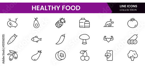 Vector illustration web line icon collection featuring healthy food items like fruits, vegetables, grains, balanced meals, organic produce, nutrition symbols, and wellness-focused eating habits.
