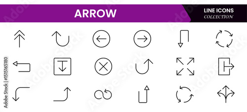 Vector illustration web line icon collection showcasing circular and arrow elements symbolizing direction, movement, navigation, progress, rotation, flow, process, and continuous improvement.
