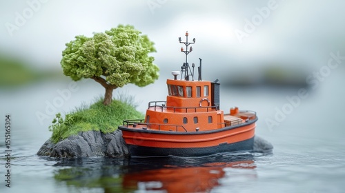 Miniature red tugboat on small island