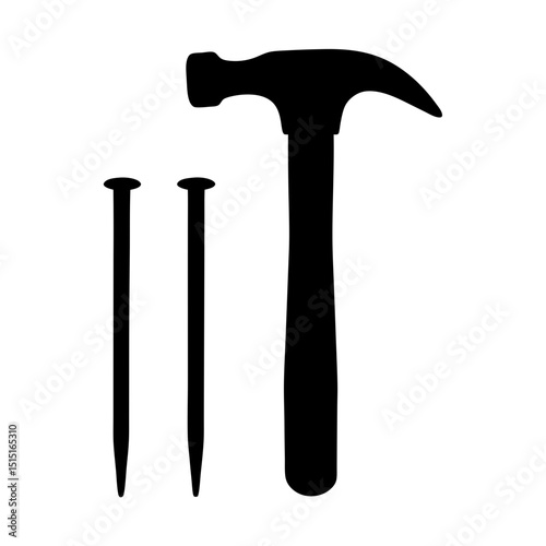 Silhouette of hammer and two nails against a white background, carpentry tools