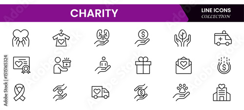 Vector illustration web line icon collection showcasing charity themes, including giving, helping hands, donations, support, community aid, and humanitarian assistance symbols.
