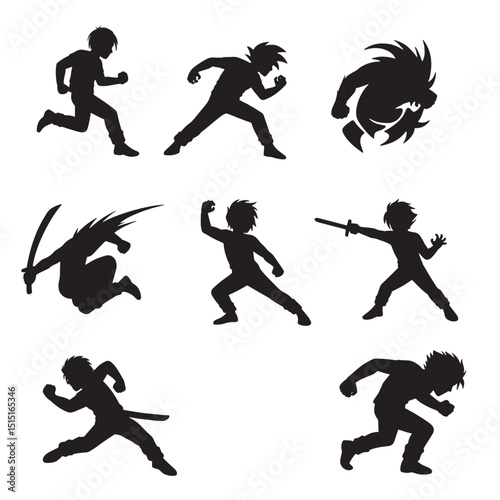 Collection of dynamic action silhouettes depicting diverse poses of a young warrior ready for combat or exercise