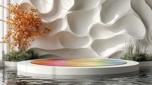 Modern, abstract display space with a colorful rug