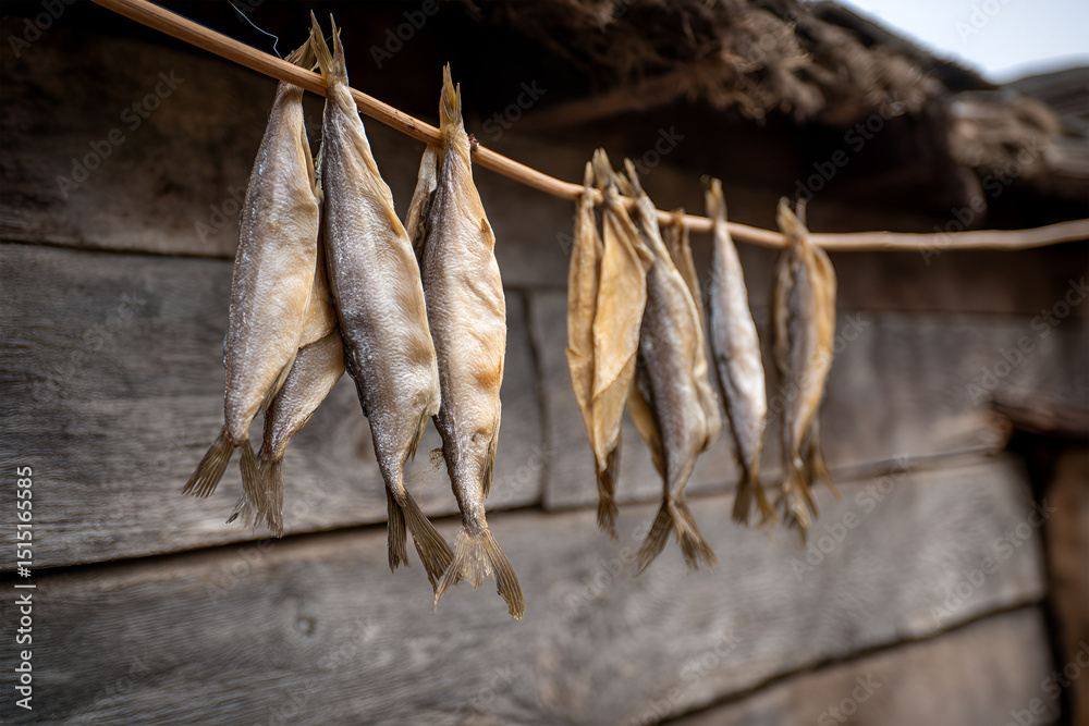 Fototapeta premium Dried fish hanging on a rope against a rustic wooden background, showcasing traditional preservation methods and the natural textures of the fish and wood