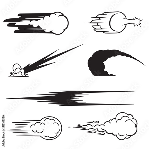 Collection of different motion blur illustrations with various speed trails and smoke silhouettes in a comic book style