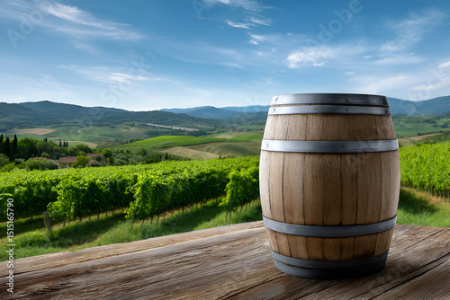 Wooden barrel placed on rustic table overlooking lush vineyard landscape with rolling hills and clear blue sky  capturing the essence of wine country and natural beauty