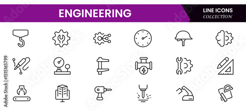 Vector illustration web line icon collection featuring engineering tools, gears, blueprints, machinery, technical design, innovation, construction, and mechanical components.
