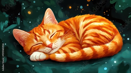 Orange tabby kitten sleeping, surrounded by foliage