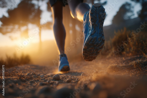 Runner?s legs kicking up dirt on a forest trail at sunrise with warm sunlight