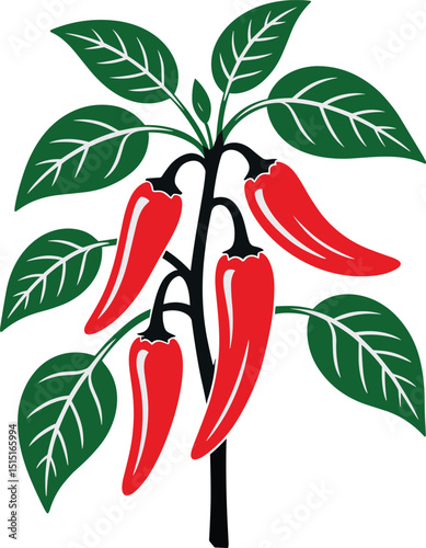 Stylized vector illustration of vibrant red chili peppers growing on a plant with green leaves