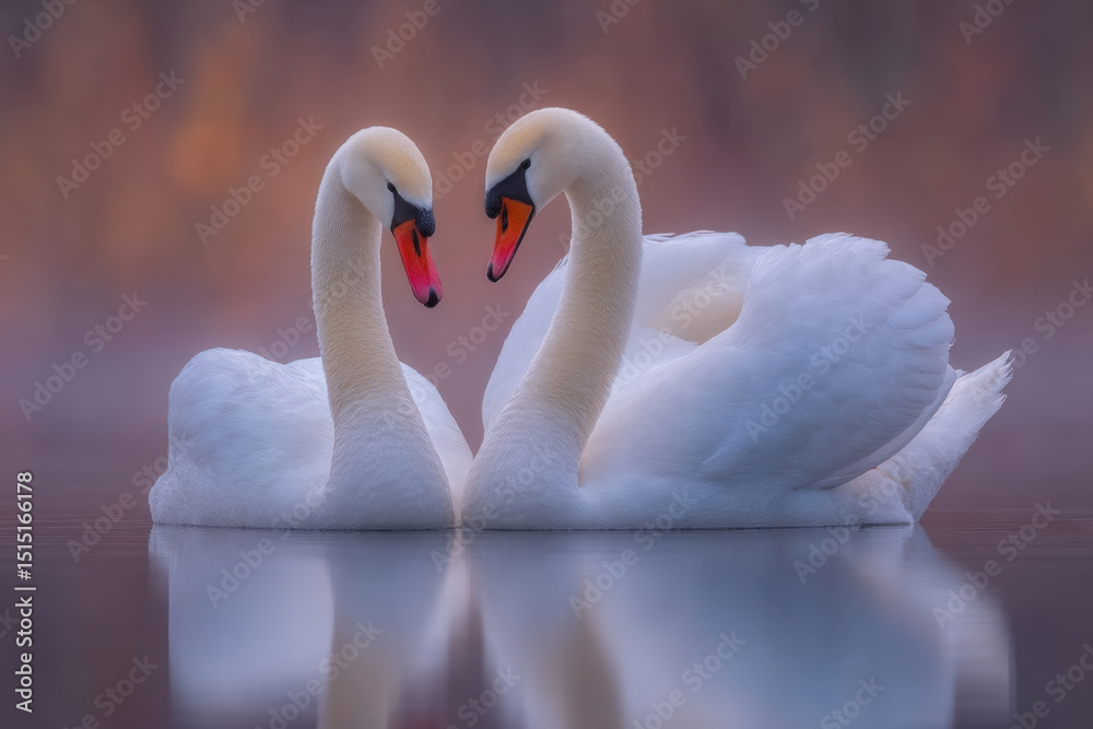Fototapeta premium Elegant white swans gliding gracefully on calm reflective water surface