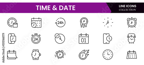 Vector illustration web line icon collection depicting clocks, calendars, timers, schedules, deadlines, time management, appointments, and date tracking for efficient organization.
