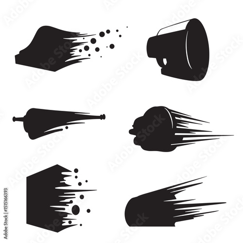 Set of six black silhouette elements showing speed motion and dynamics for design and graphic projects