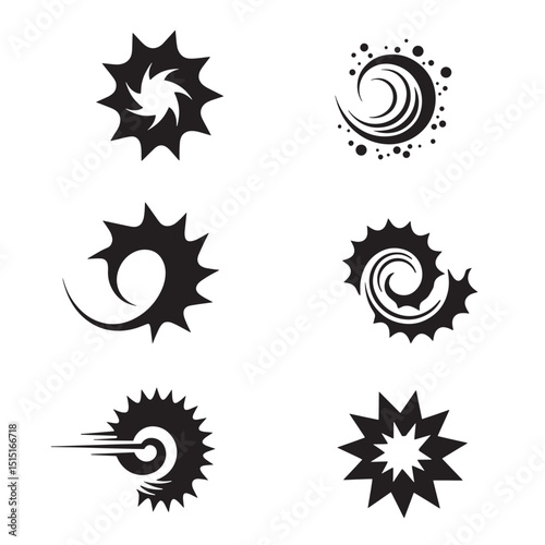 Collection of abstract black silhouette designs featuring spiky starburst spiral and circular decorative elements isolated on white background.