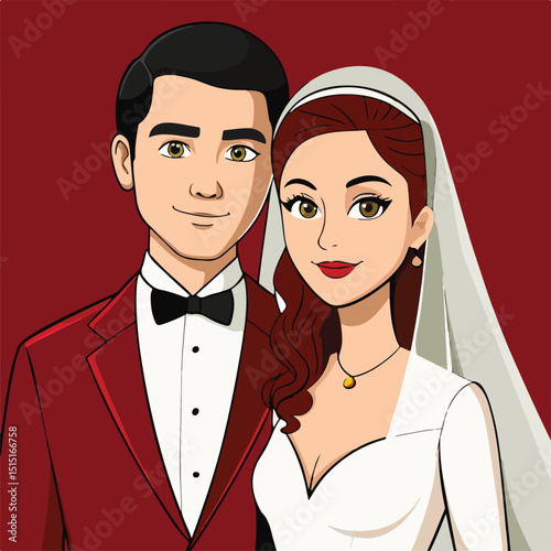 Elegant Cartoon Wedding Couple Portrait in Red and White

