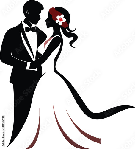 cute Wedding Couple Illustration in Classic Romantic Pose

