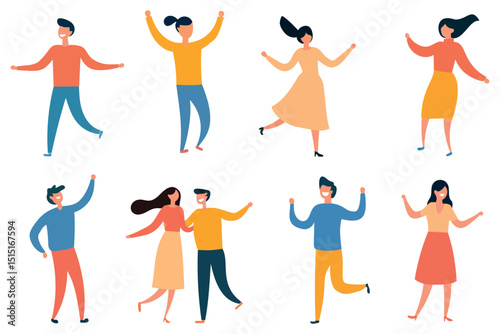 Set of happy people showing various positive emotions with gestures. Dancing persons. Colored flat vector illustration isolated on white background