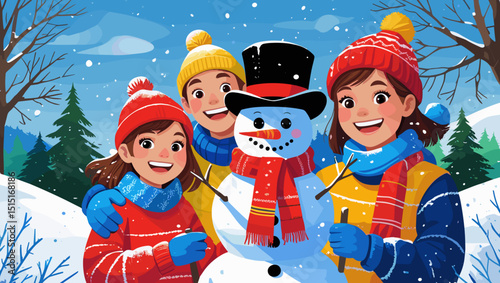 Happy children playing in the snow with a snowman during wintertime