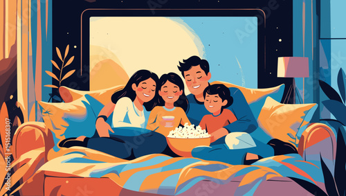 Cozy family watching a movie together on the couch with popcorn and smiles