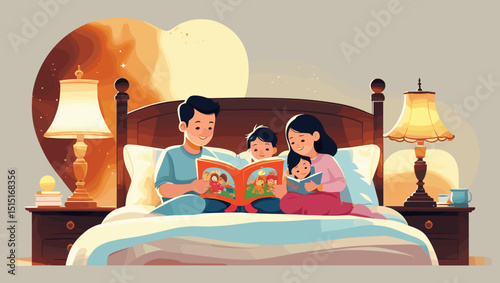 Cozy family reading bedtime stories together on the bed with warm lighting